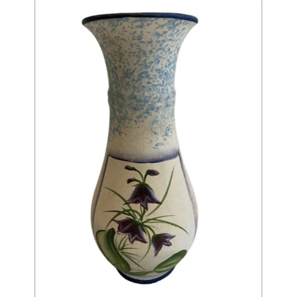 VTG 80s Hand Painted Ceramic Vase Blue Speckled‎ Floral Purple Bell Flowers 9